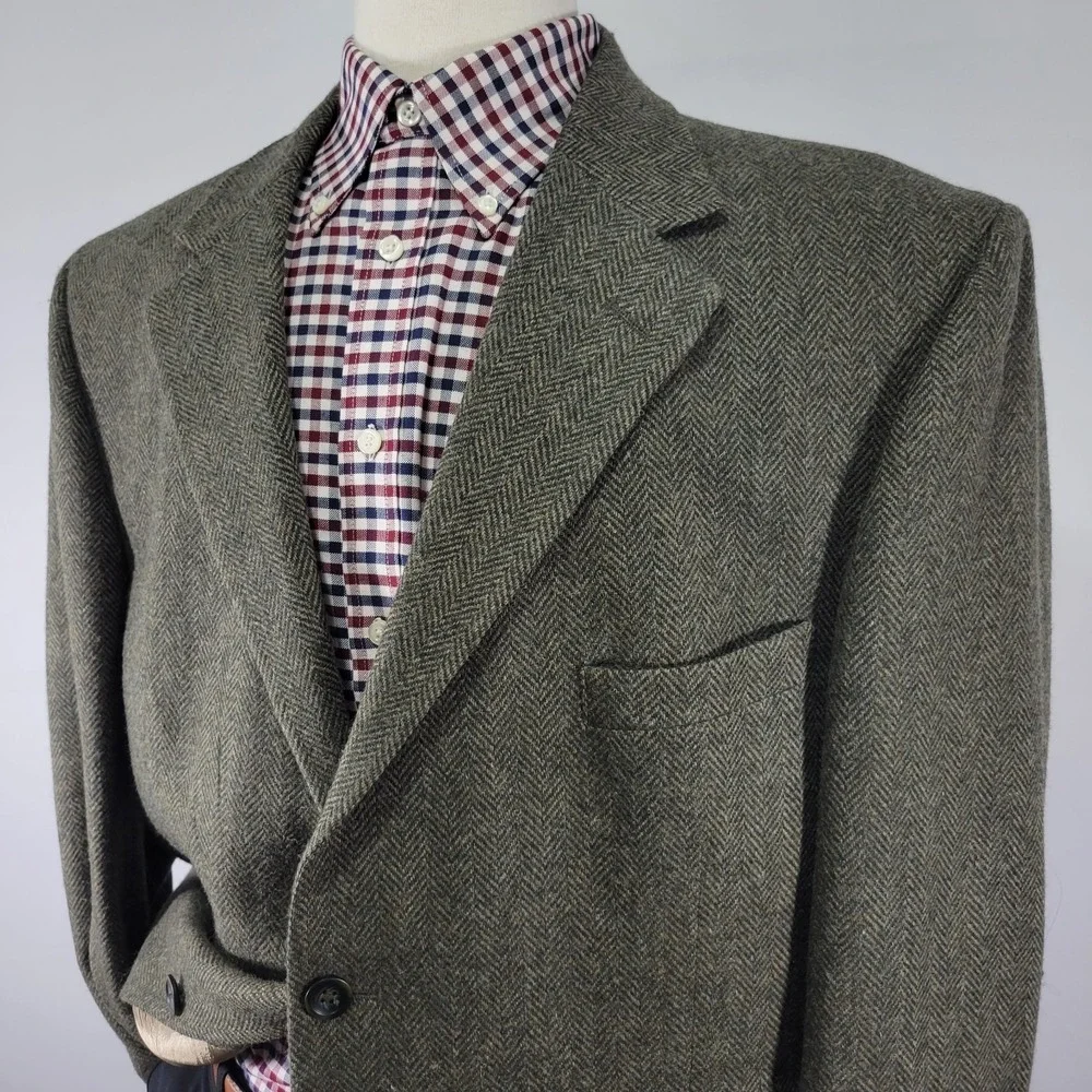 John Ashford Men's Tweed Sport Coat Blazer Two Button Green Herringbone Wool 46R